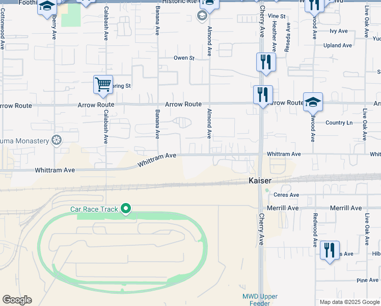 map of restaurants, bars, coffee shops, grocery stores, and more near 14210 Whittram Avenue in Fontana