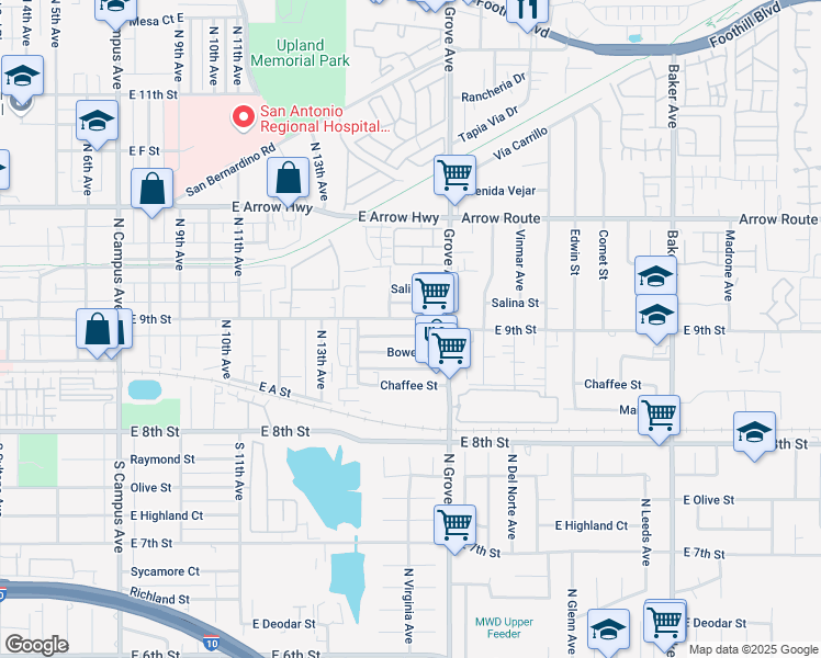 map of restaurants, bars, coffee shops, grocery stores, and more near 1437 East 9th Street in Upland