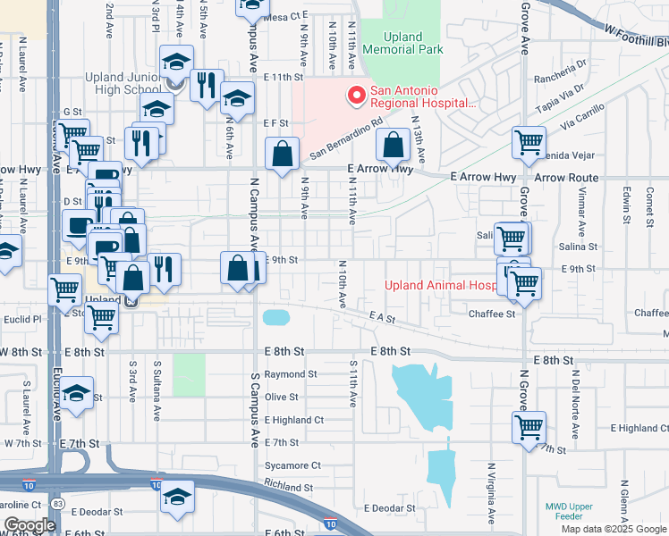 map of restaurants, bars, coffee shops, grocery stores, and more near 1025 East 9th Street in Upland