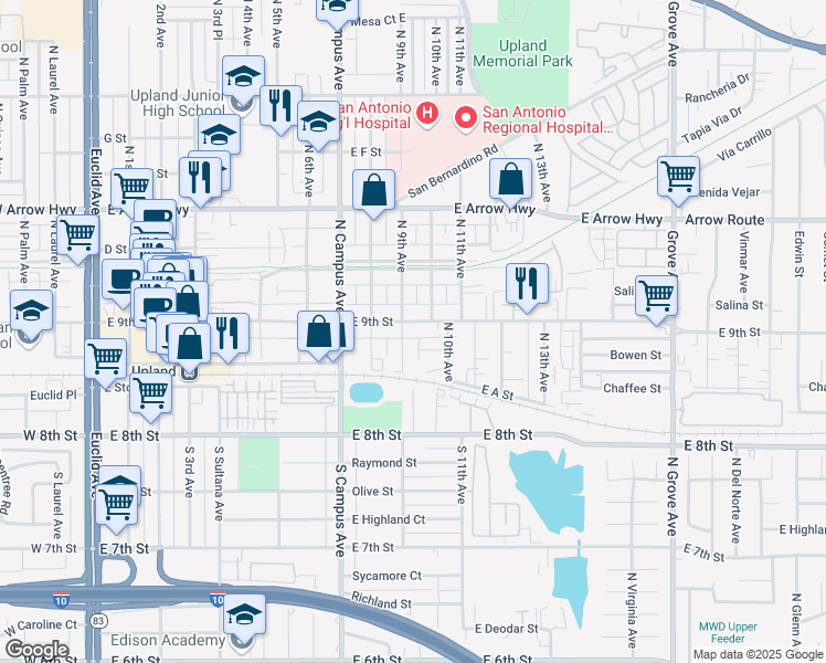 map of restaurants, bars, coffee shops, grocery stores, and more near 911 East 9th Street in Upland