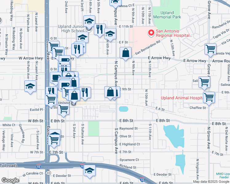 map of restaurants, bars, coffee shops, grocery stores, and more near 653 East 9th Street in Upland