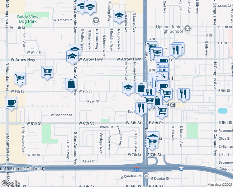 map of restaurants, bars, coffee shops, grocery stores, and more near 355 West 9th Street in Upland