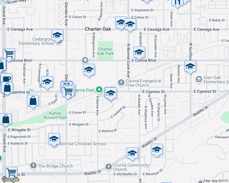 map of restaurants, bars, coffee shops, grocery stores, and more near 1635 Cypress Street in Covina