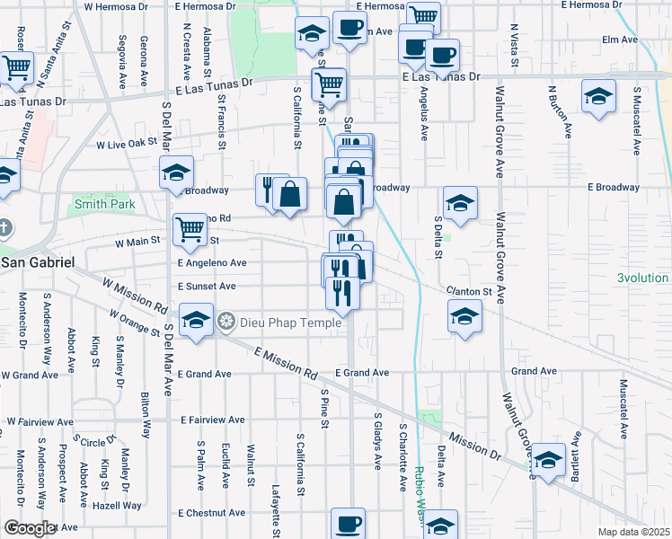 map of restaurants, bars, coffee shops, grocery stores, and more near 445 South San Gabriel Boulevard in San Gabriel