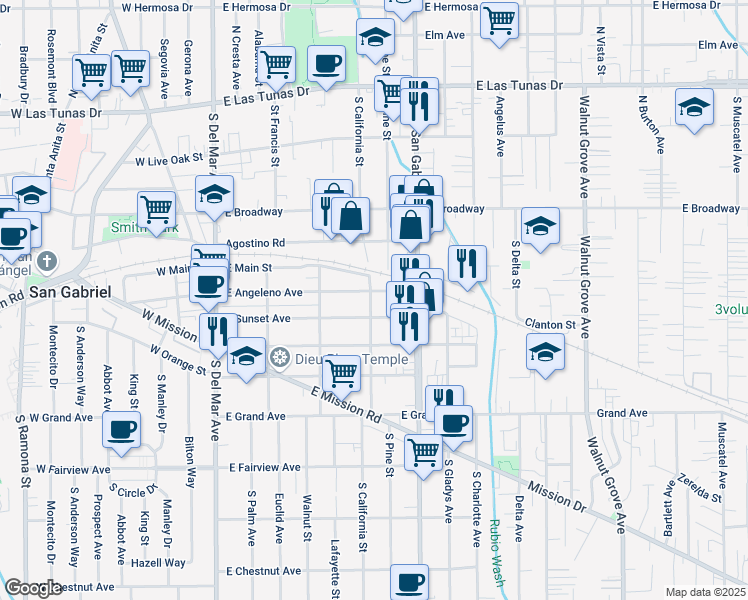map of restaurants, bars, coffee shops, grocery stores, and more near 610 East Main Street in San Gabriel
