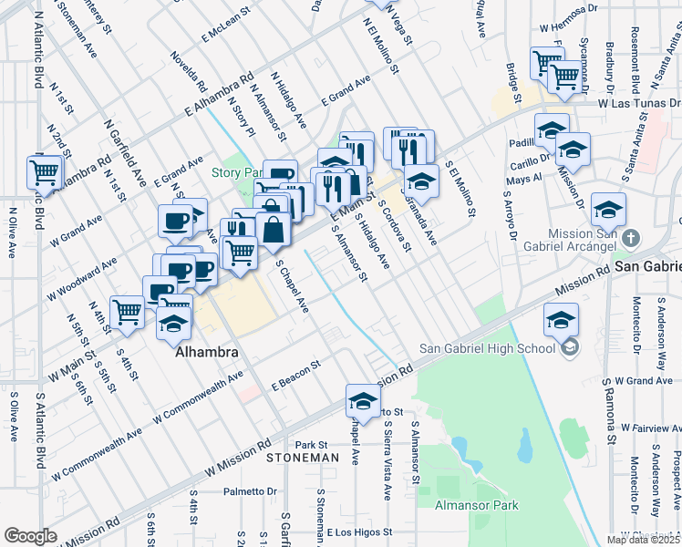 map of restaurants, bars, coffee shops, grocery stores, and more near 109 South Almansor Street in Alhambra