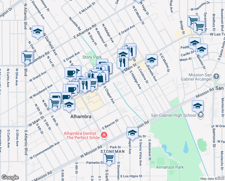 map of restaurants, bars, coffee shops, grocery stores, and more near 412 East Main Street in Alhambra