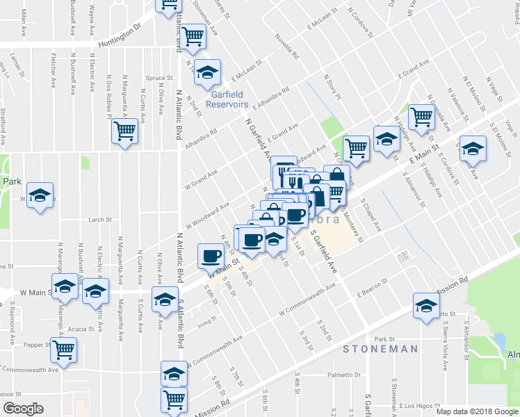 map of restaurants, bars, coffee shops, grocery stores, and more near 123 North 1st Street in Alhambra
