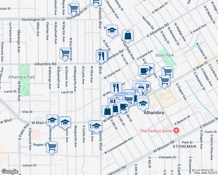 map of restaurants, bars, coffee shops, grocery stores, and more near 408 West Grand Avenue in Alhambra