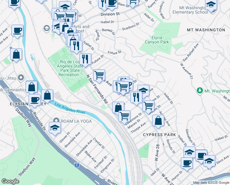 map of restaurants, bars, coffee shops, grocery stores, and more near 1256 Cypress Avenue in Los Angeles