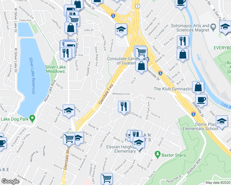map of restaurants, bars, coffee shops, grocery stores, and more near 2392 Allesandro Street in Los Angeles