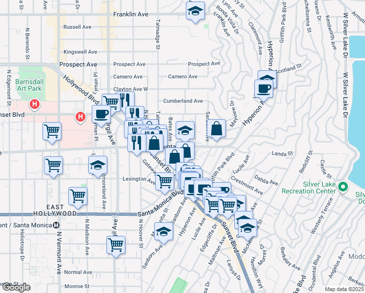 map of restaurants, bars, coffee shops, grocery stores, and more near 4201 Fountain Avenue in Los Angeles