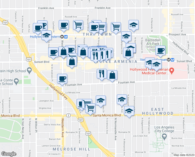 map of restaurants, bars, coffee shops, grocery stores, and more near 1345 North Kingsley Drive in Los Angeles