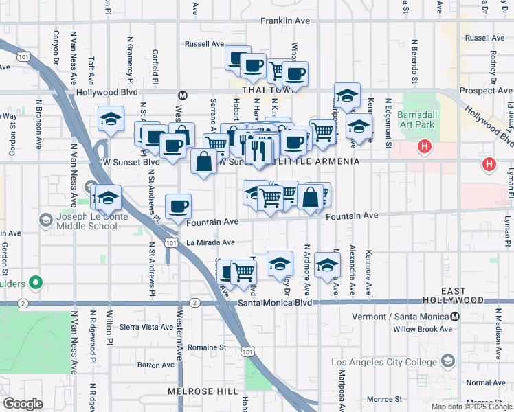 map of restaurants, bars, coffee shops, grocery stores, and more near 5246 De Longpre Avenue in Los Angeles