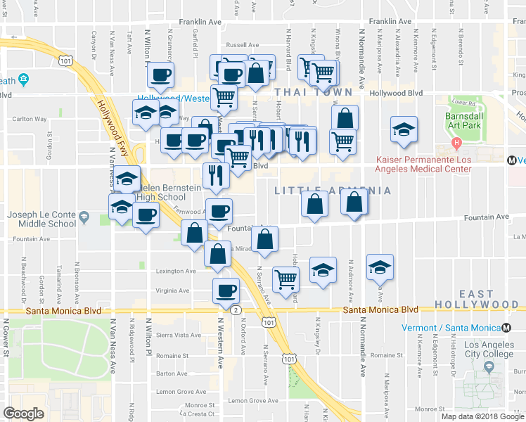 map of restaurants, bars, coffee shops, grocery stores, and more near 1394 North Serrano Avenue in Los Angeles