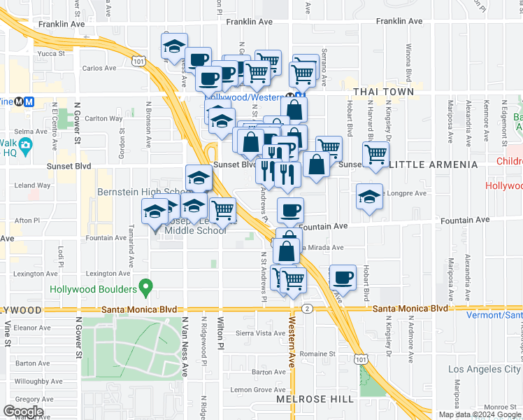 map of restaurants, bars, coffee shops, grocery stores, and more near 1375 Saint Andrews Place in Los Angeles
