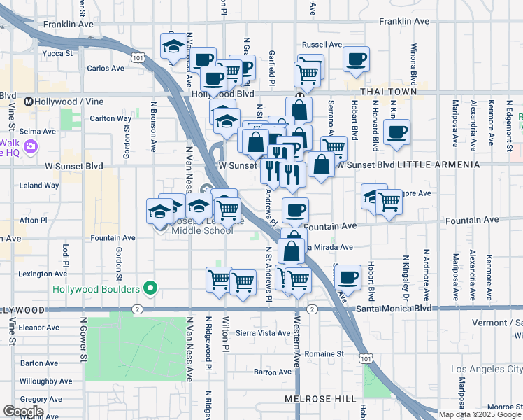 map of restaurants, bars, coffee shops, grocery stores, and more near 1375 Saint Andrews Place in Los Angeles