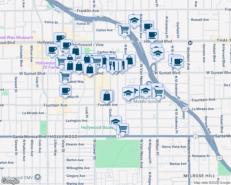 map of restaurants, bars, coffee shops, grocery stores, and more near 1428 Gordon Street in Los Angeles
