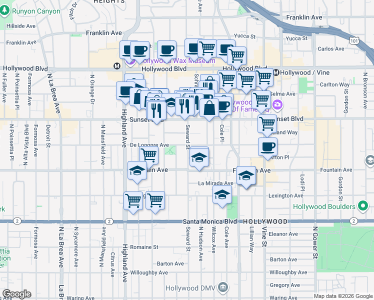 map of restaurants, bars, coffee shops, grocery stores, and more near 1403 Seward Street in Los Angeles