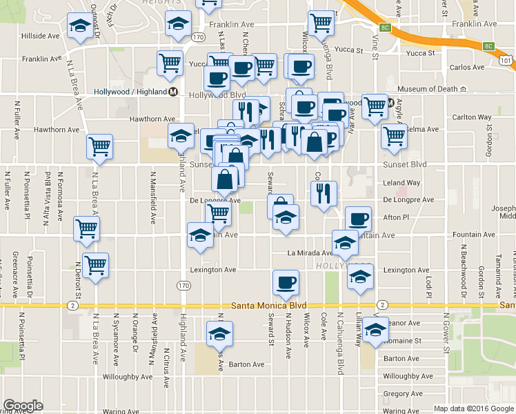 map of restaurants, bars, coffee shops, grocery stores, and more near 1403 Seward Street in Los Angeles