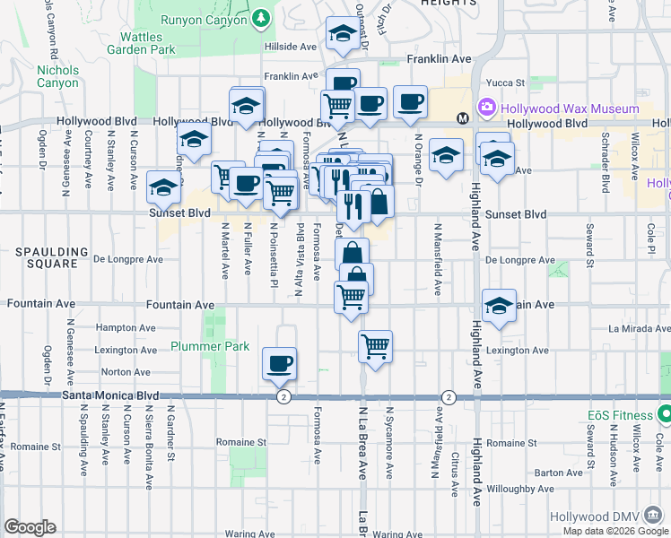 map of restaurants, bars, coffee shops, grocery stores, and more near 1411 North Detroit Street in Los Angeles