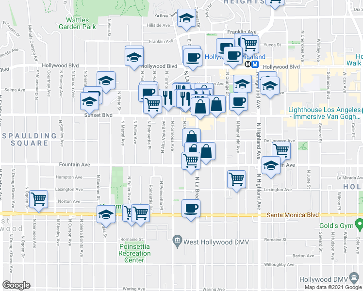 map of restaurants, bars, coffee shops, grocery stores, and more near 1411 North Detroit Street in Los Angeles