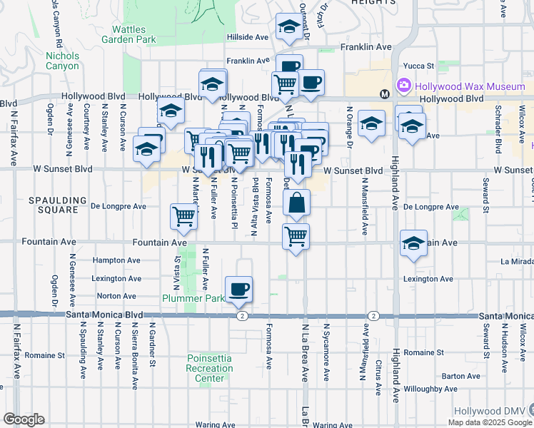 map of restaurants, bars, coffee shops, grocery stores, and more near 1426 North Alta Vista Boulevard in Los Angeles