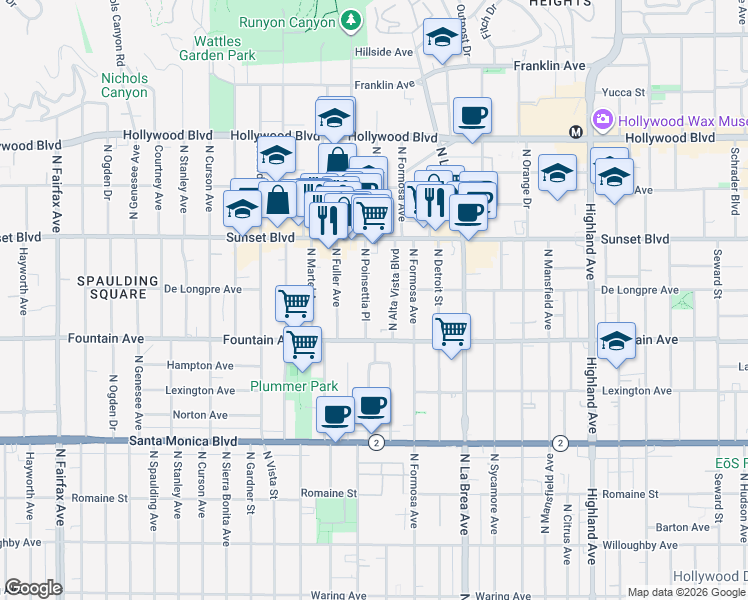 map of restaurants, bars, coffee shops, grocery stores, and more near 1419 North Poinsettia Place in Los Angeles