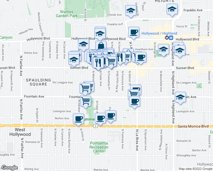 map of restaurants, bars, coffee shops, grocery stores, and more near 1419 North Poinsettia Place in Los Angeles