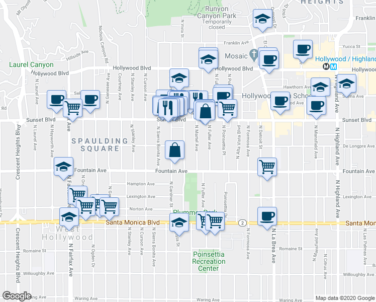 map of restaurants, bars, coffee shops, grocery stores, and more near 1416 North Vista Street in Los Angeles