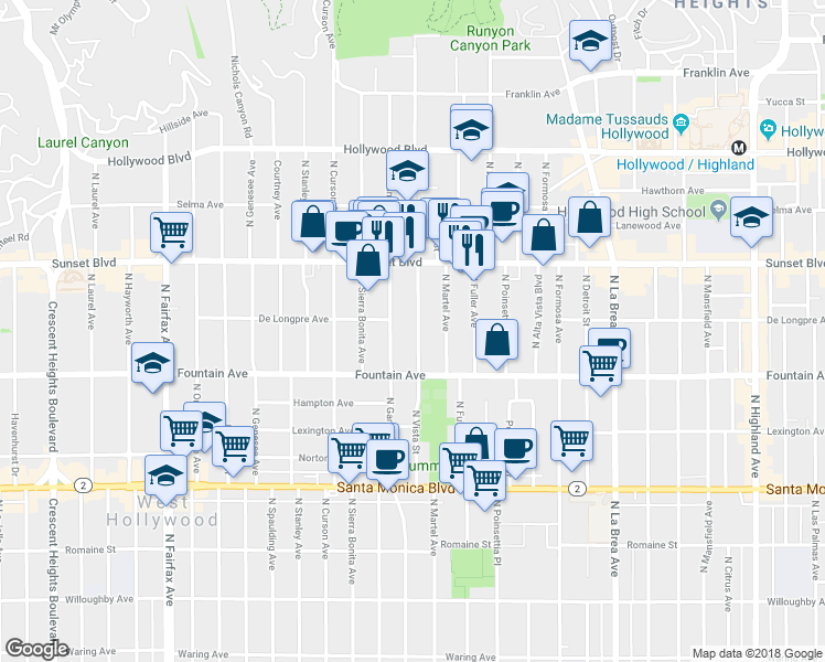 map of restaurants, bars, coffee shops, grocery stores, and more near 1416 North Vista Street in Los Angeles