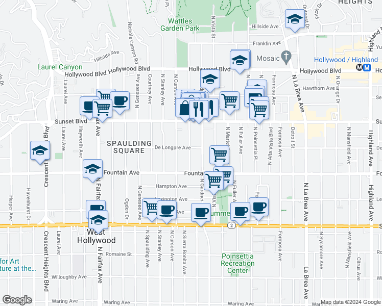 map of restaurants, bars, coffee shops, grocery stores, and more near 1411 North Sierra Bonita Avenue in Los Angeles