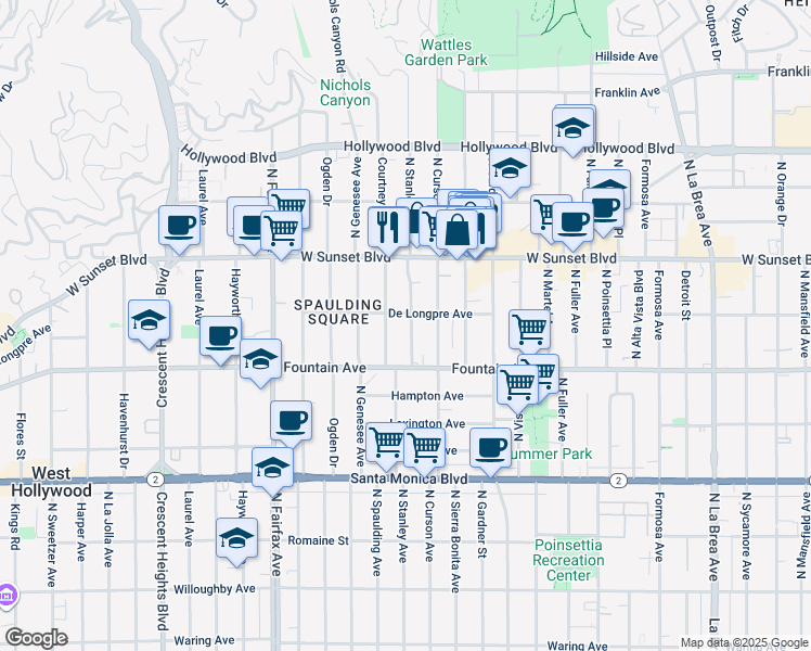 map of restaurants, bars, coffee shops, grocery stores, and more near 1404 North Stanley Avenue in Los Angeles