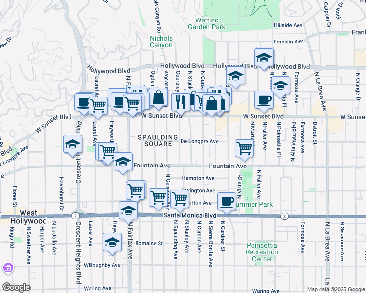 map of restaurants, bars, coffee shops, grocery stores, and more near 1409 North Spaulding Avenue in Los Angeles