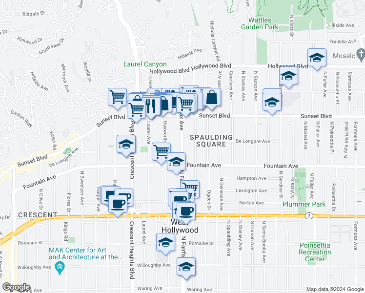 map of restaurants, bars, coffee shops, grocery stores, and more near 1429 North Fairfax Avenue in West Hollywood