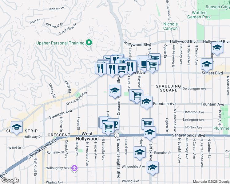 map of restaurants, bars, coffee shops, grocery stores, and more near 1351 North Crescent Heights Boulevard in West Hollywood