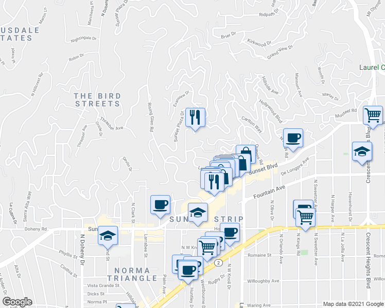 map of restaurants, bars, coffee shops, grocery stores, and more near 8653 Metz Place in Los Angeles