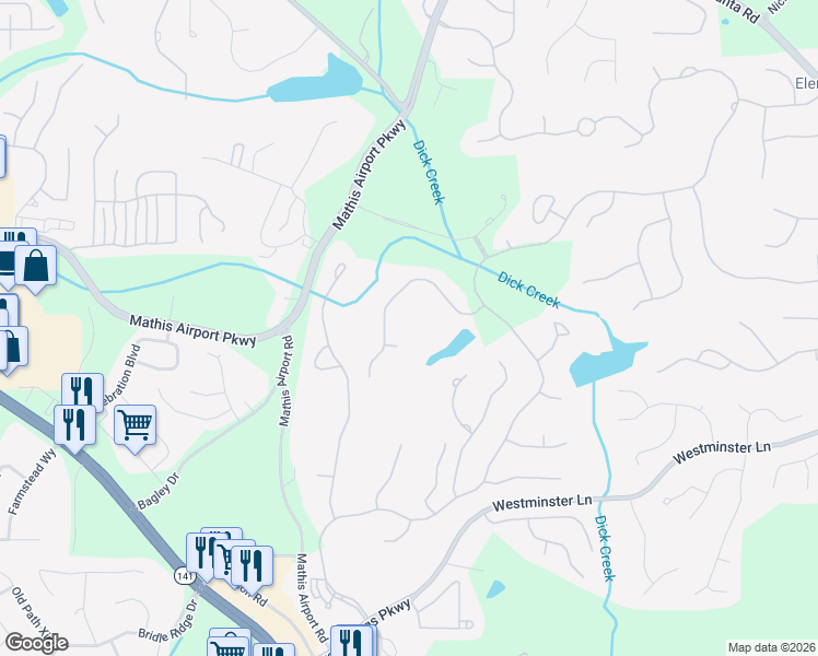 map of restaurants, bars, coffee shops, grocery stores, and more near 6425 Haddington Lane in Suwanee