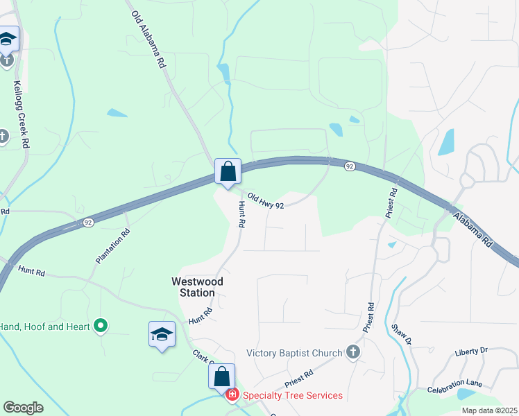 map of restaurants, bars, coffee shops, grocery stores, and more near 3170 Old Highway 92 in Acworth