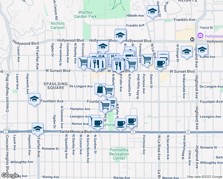 map of restaurants, bars, coffee shops, grocery stores, and more near 1349 North Martel Avenue in Los Angeles