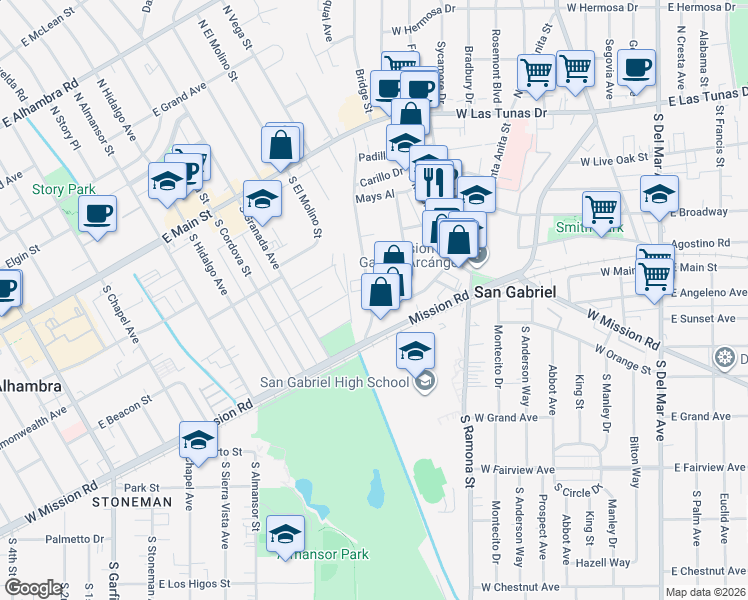 map of restaurants, bars, coffee shops, grocery stores, and more near 364 South Arroyo Drive in San Gabriel