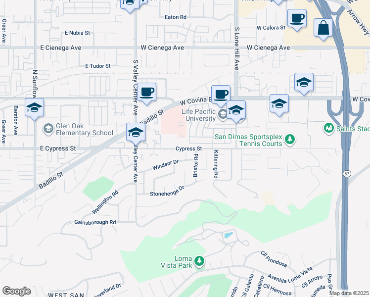 map of restaurants, bars, coffee shops, grocery stores, and more near 2 Cypress Street in San Dimas