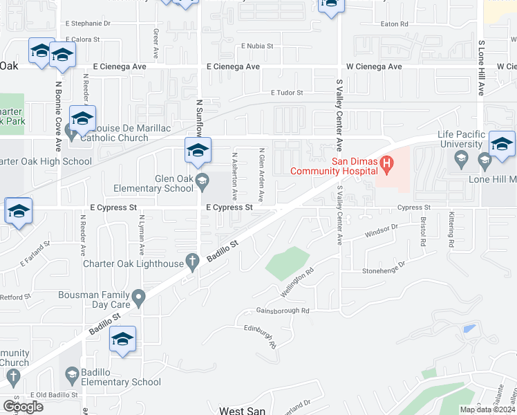 map of restaurants, bars, coffee shops, grocery stores, and more near 21127 East Cypress Street in Covina