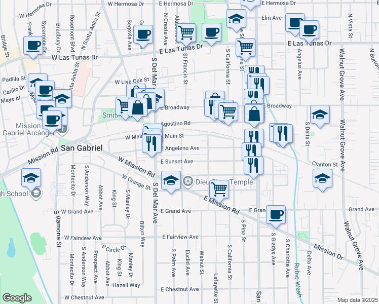 map of restaurants, bars, coffee shops, grocery stores, and more near 310 East Angeleno Avenue in San Gabriel