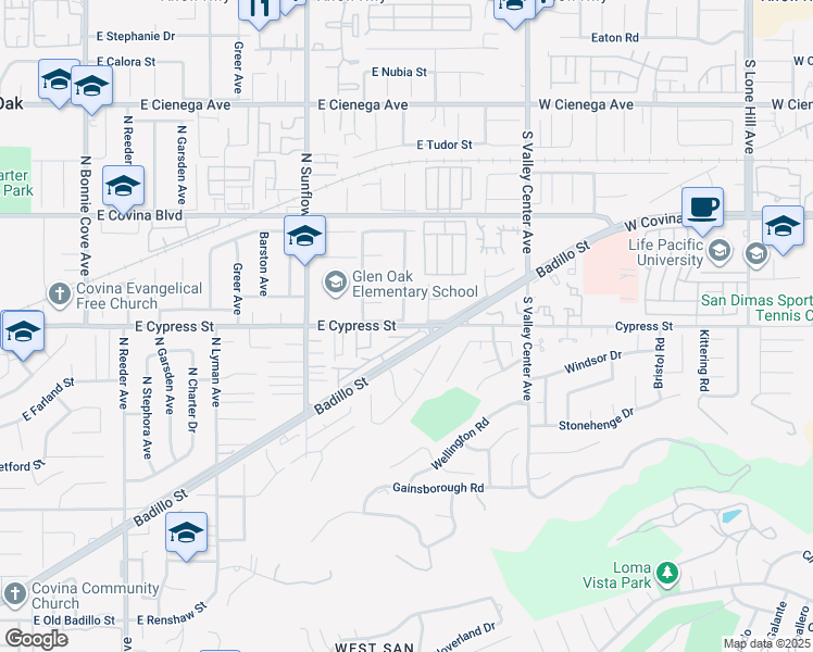 map of restaurants, bars, coffee shops, grocery stores, and more near 21127 East Cypress Street in Covina
