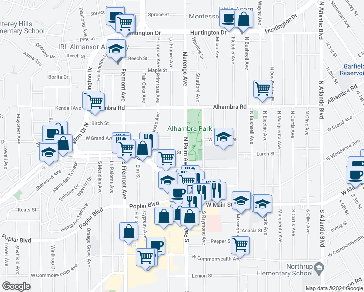 map of restaurants, bars, coffee shops, grocery stores, and more near 309 North Palm Avenue in Alhambra