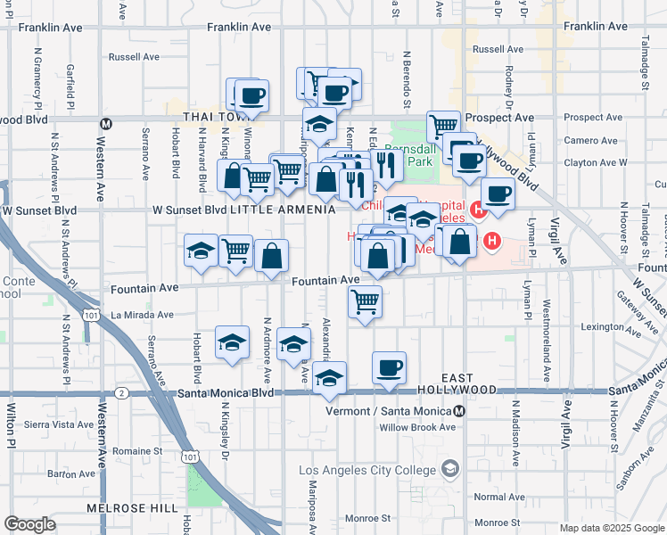 map of restaurants, bars, coffee shops, grocery stores, and more near 1312 North Alexandria Avenue in Los Angeles