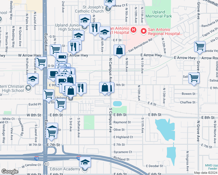 map of restaurants, bars, coffee shops, grocery stores, and more near 696 East 9th Street in Upland