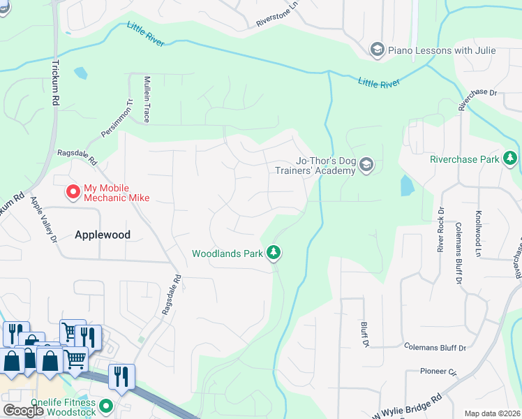 map of restaurants, bars, coffee shops, grocery stores, and more near 807 Lazarus Drive in Woodstock