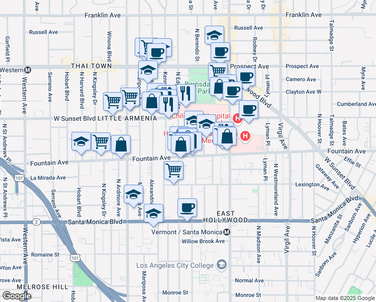 map of restaurants, bars, coffee shops, grocery stores, and more near 1340 North Edgemont Street in Los Angeles